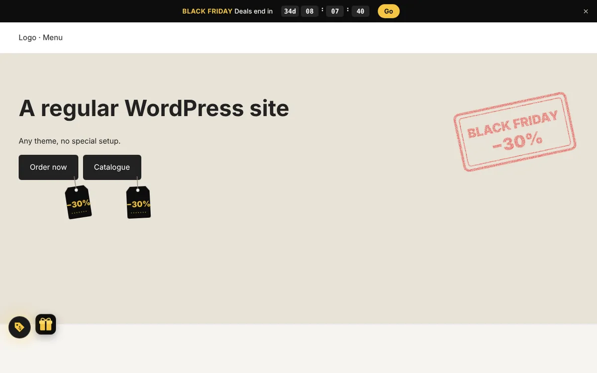 This is how the mode looks on an ordinary WordPress site: a countdown bar, a stamp and a gift with a scratch card.