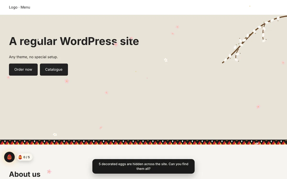 This is how the mode looks on an ordinary WordPress site: blossom, a willow, an ornament and the egg counter.
