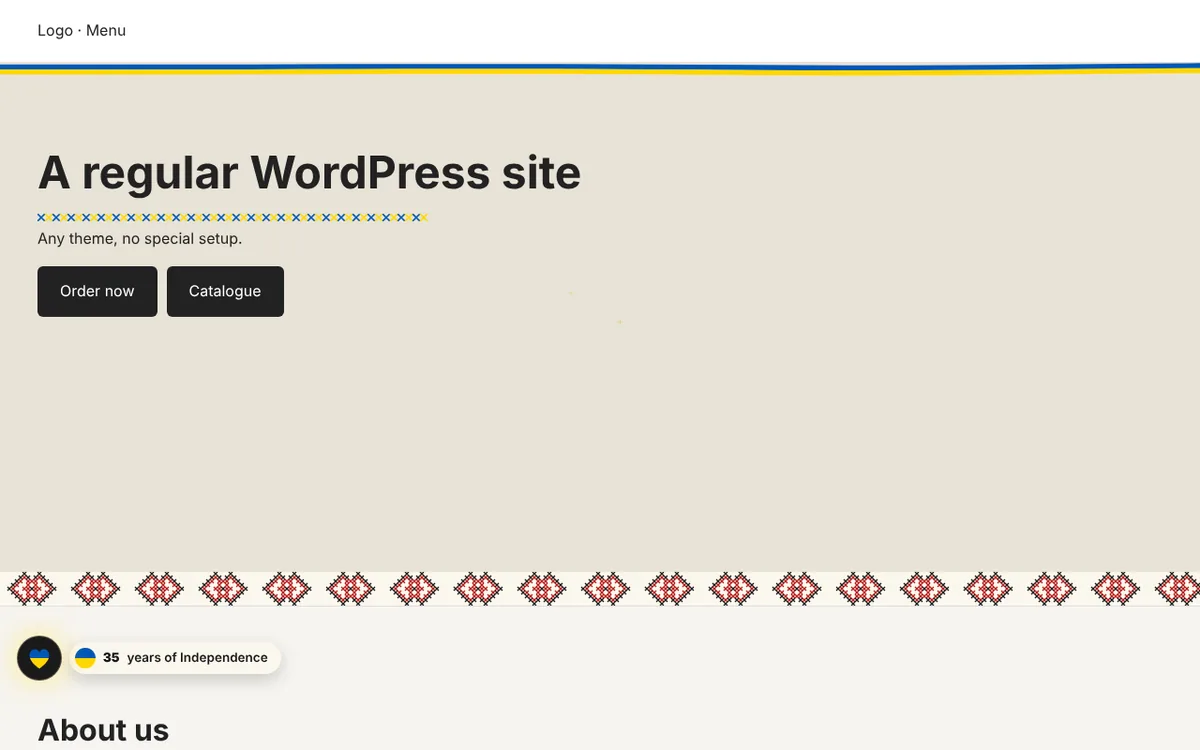 This is how the mode looks on an ordinary WordPress site: a ribbon, a vyshyvanka, a stitched heading and the badge.