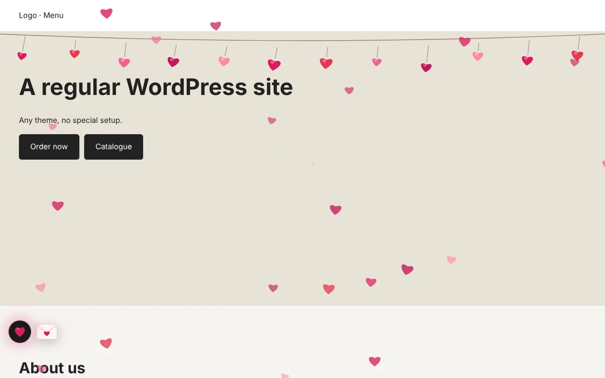 This is how the mode looks on an ordinary WordPress site: a garland, hearts and an envelope with a valentine.