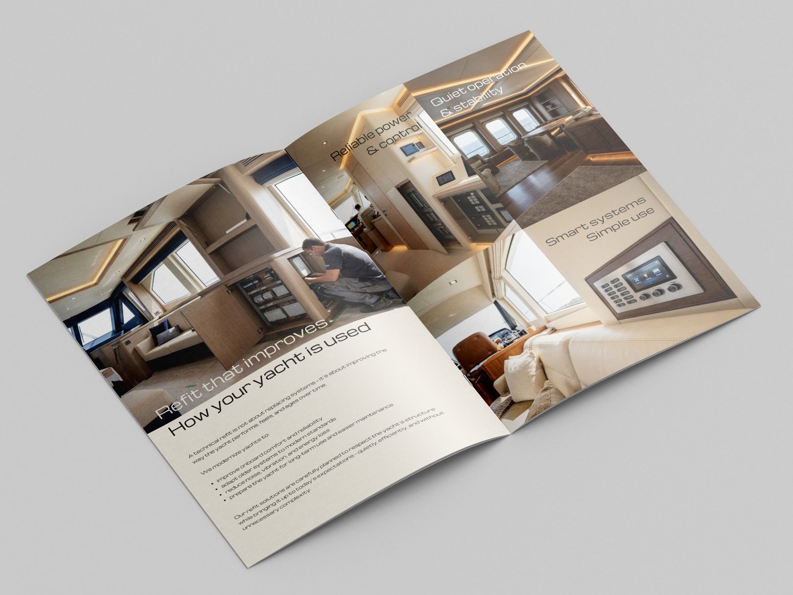 OSNOVA.YACHTS brochure spread with yacht interiors