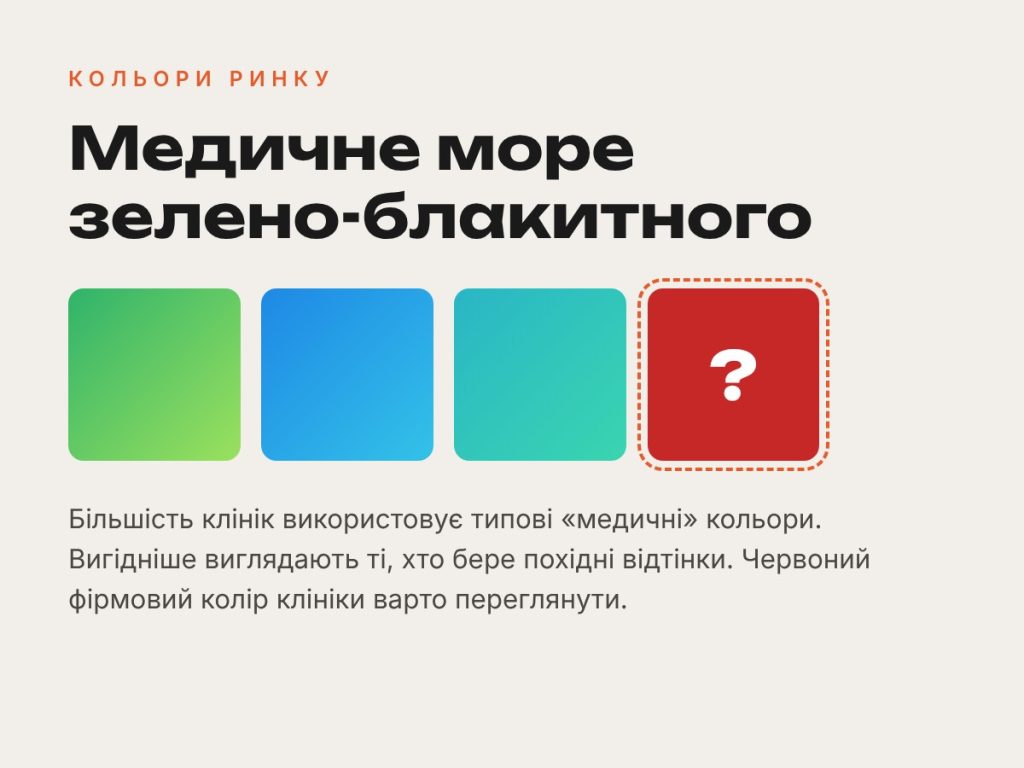Слайд: типові медичні кольори і червоний колір клініки
