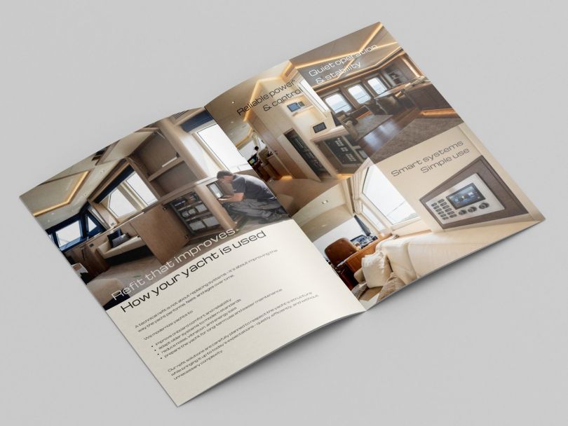OSNOVA.YACHTS brochure spread with yacht interiors